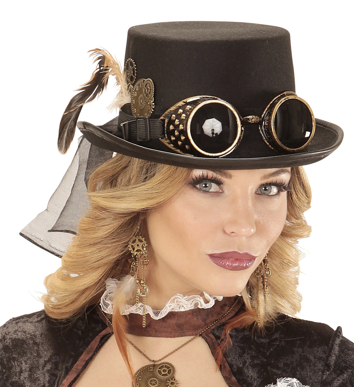 Chistera Steampunk con Gafas y Plumas