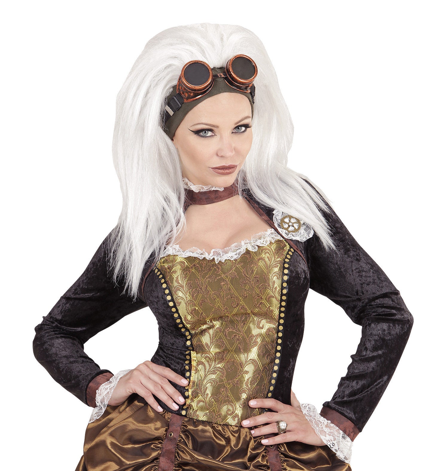 Peluca Steampunk Blanca con Gafas