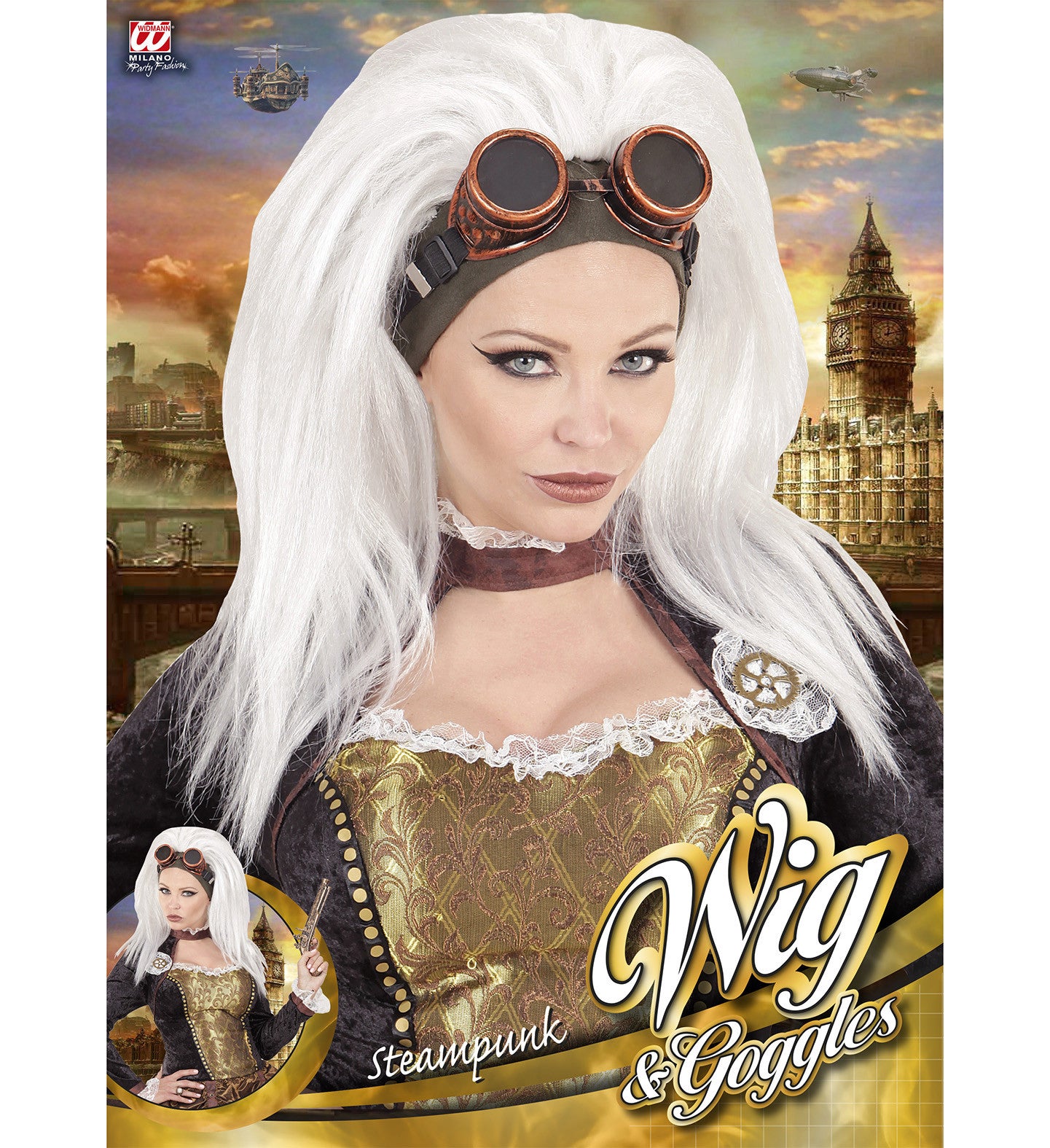 Peluca Steampunk Blanca con Gafas