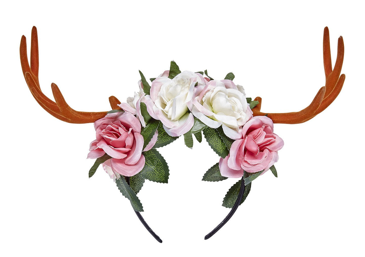 Diadema de Flores Rosas y Blancas con Cuernos