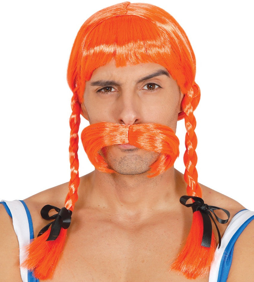 Peluca de Obélix Naranja con Trenzas  y Bigote