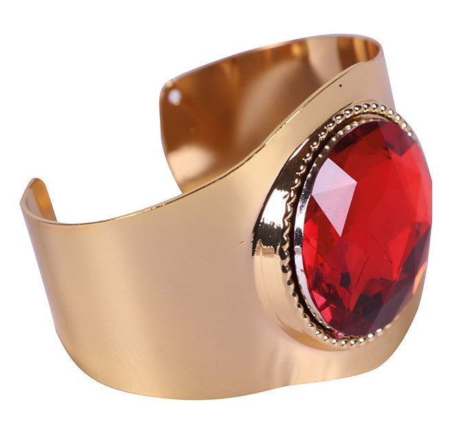 Brazalete Metálico Dorado con Piedra Preciosa Roja