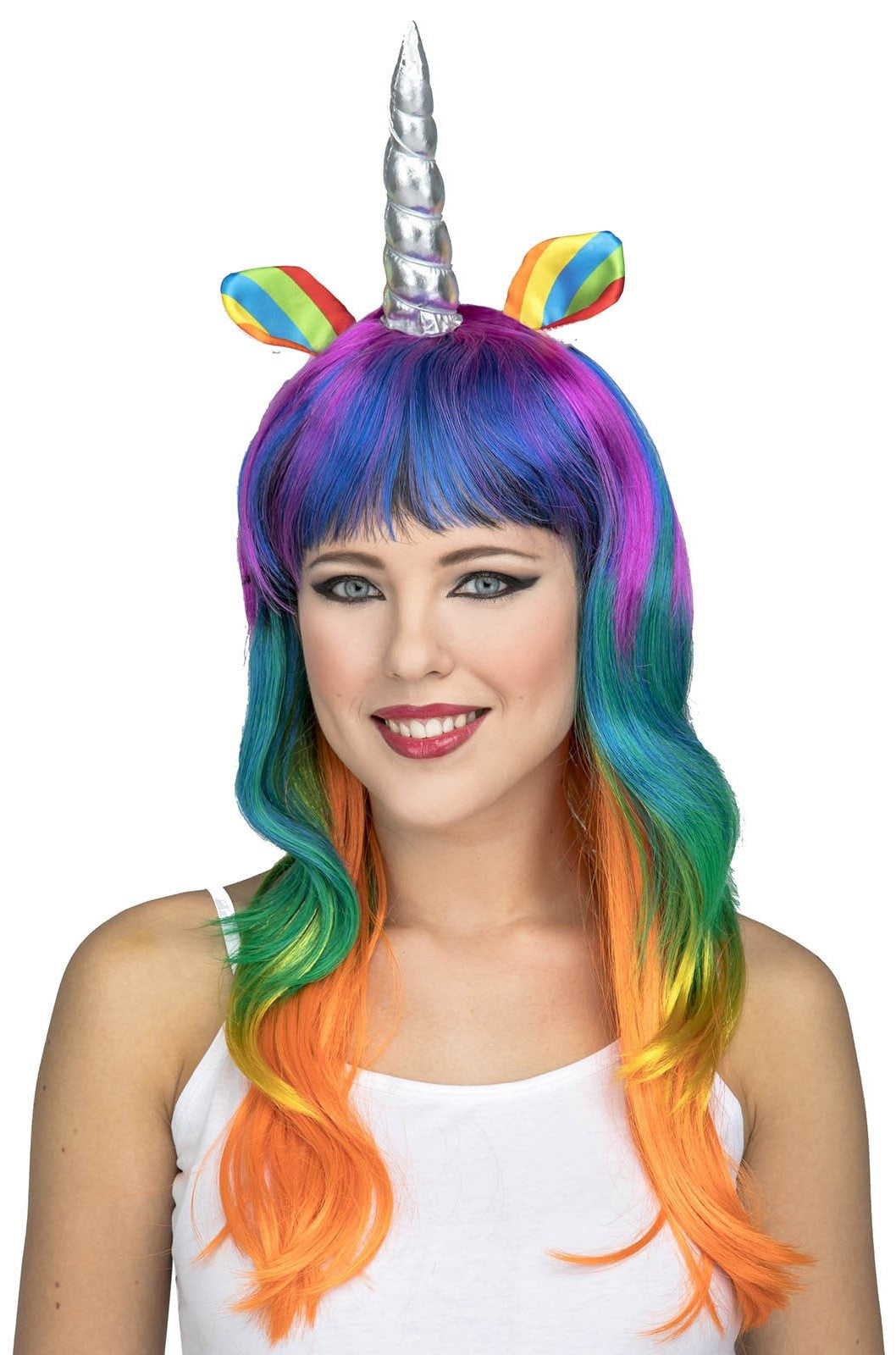 Peluca de Unicornio Multicolor con Cuerno Plateado