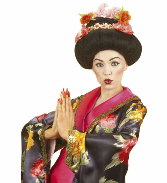 Peluca de Geisha Morena con Flores Lujo