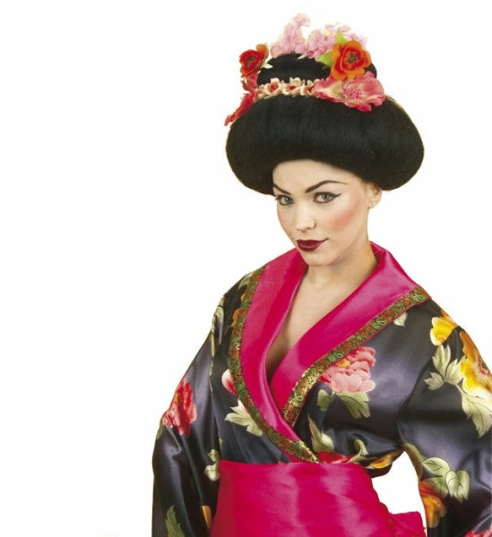 Peluca de Geisha Morena con Flores Lujo