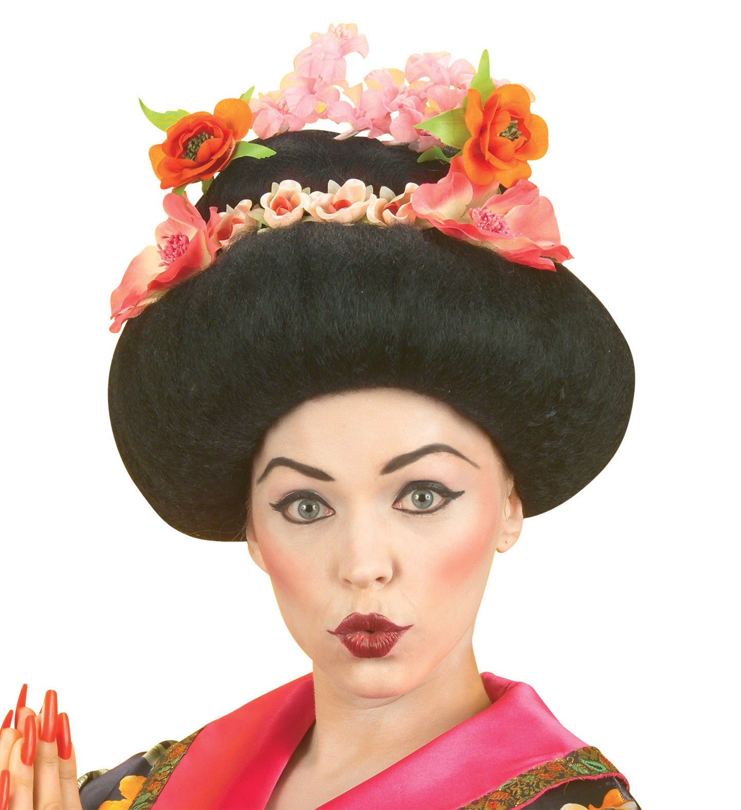 Peluca de Geisha Morena con Flores Lujo