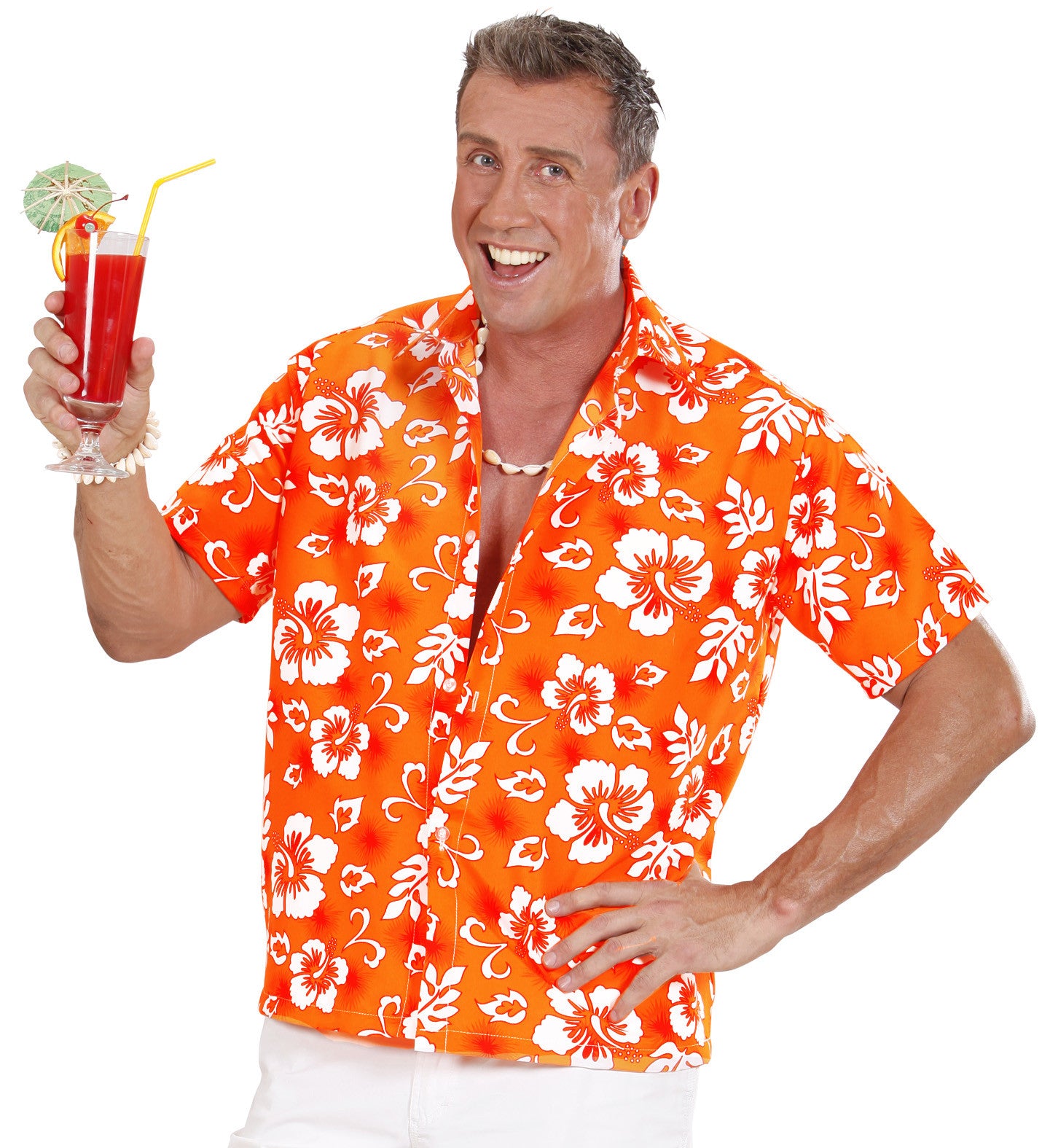 Camisa Hawaiana Naranja con Flores para Hombre