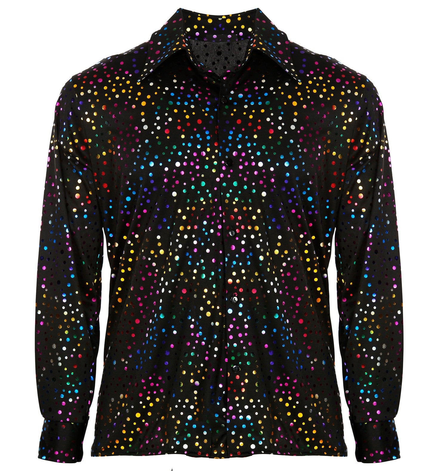 Camisa Disco Negra con Topos de Colores para Hombre