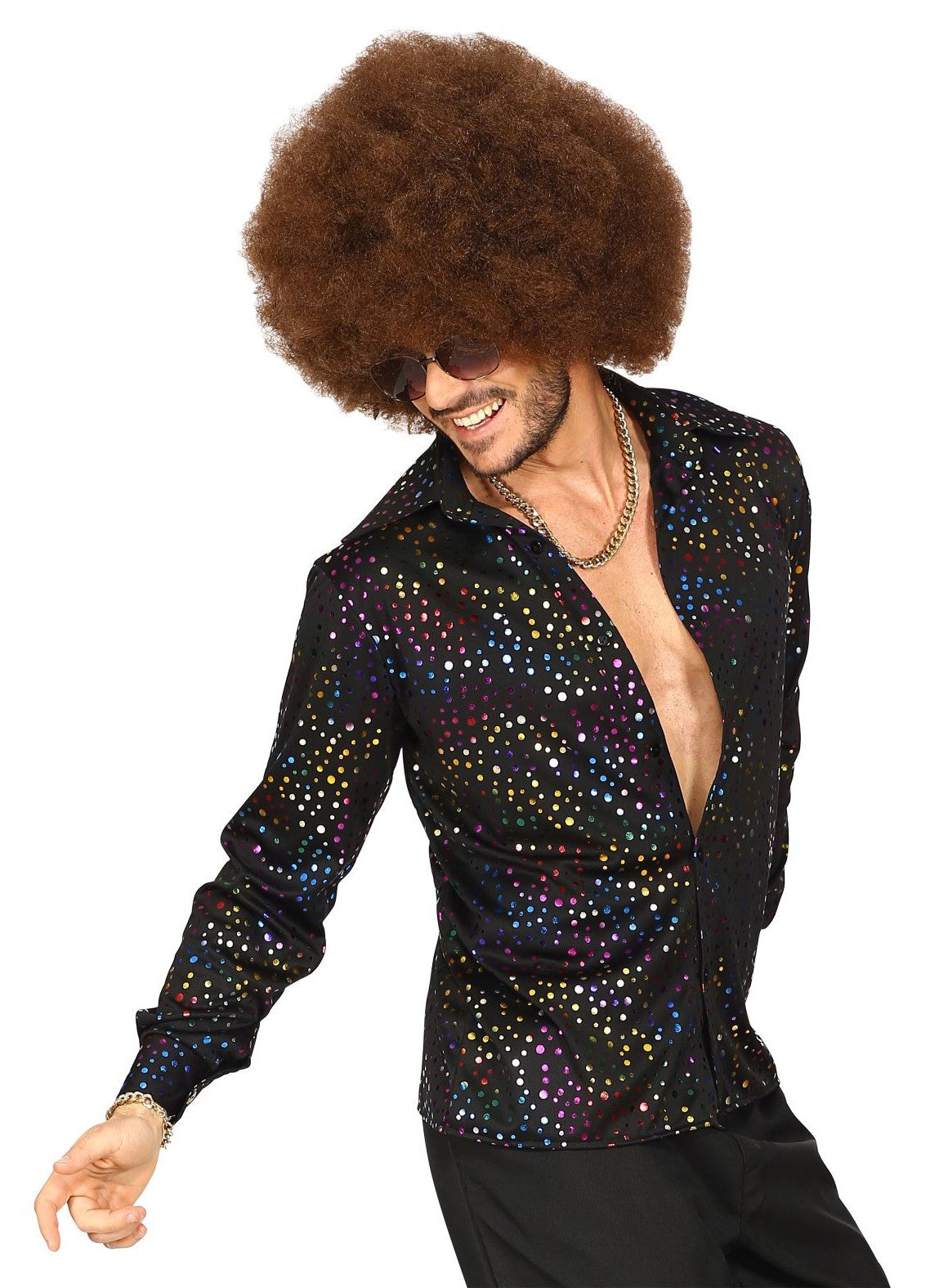 Camisa Disco Negra con Topos de Colores para Hombre