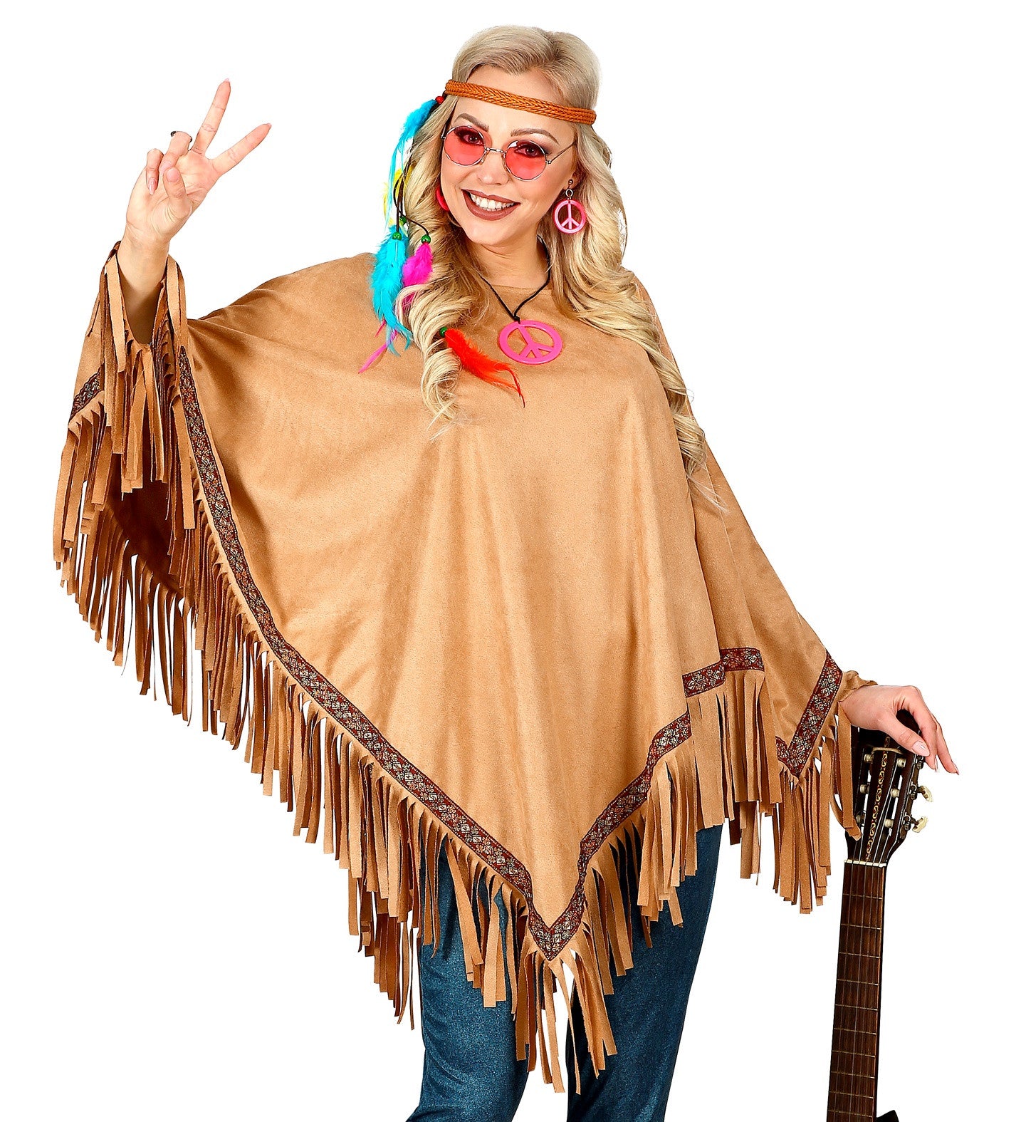 Poncho Hippie Marrón con Flechos para Adulto