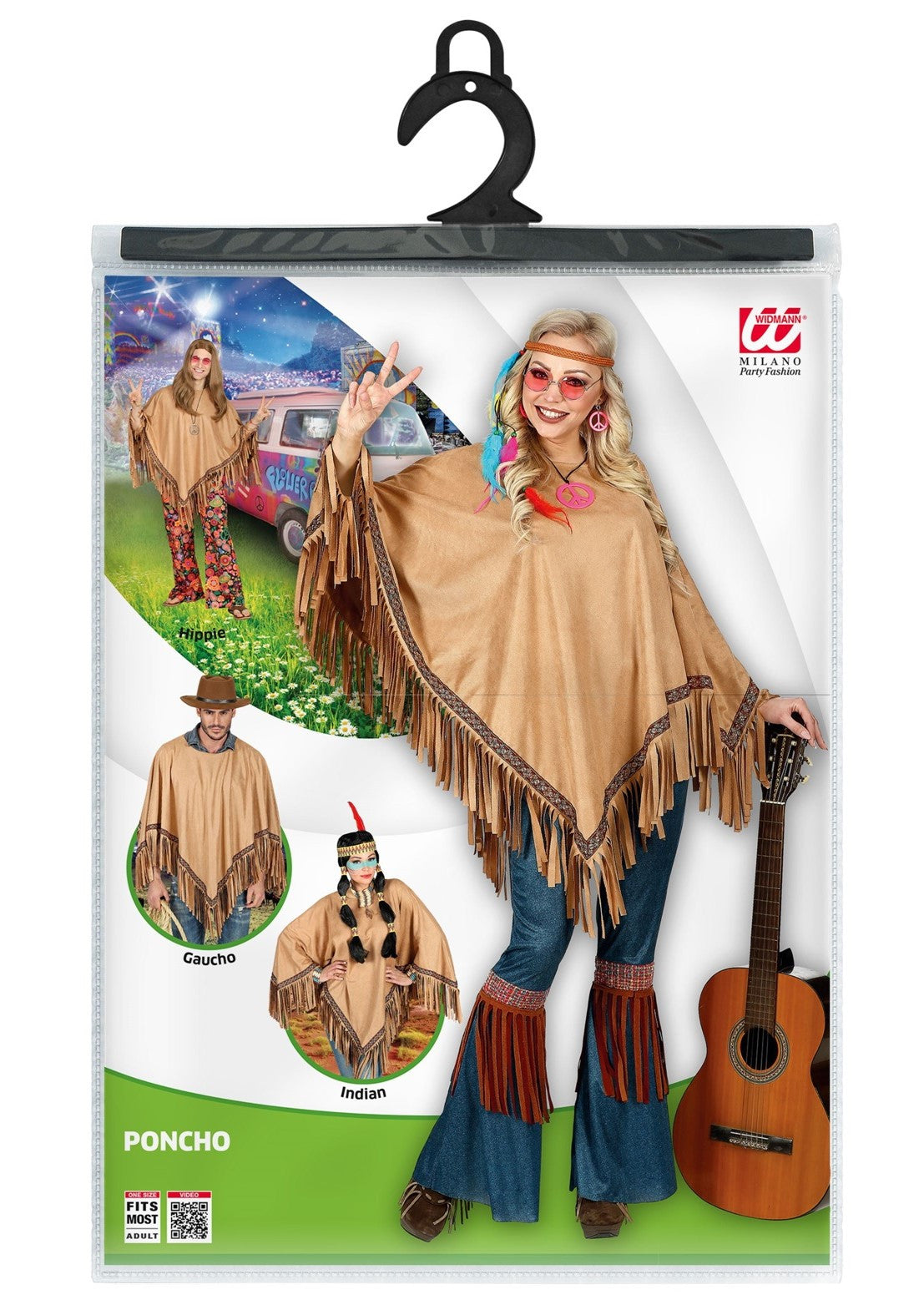 Poncho Hippie Marrón con Flechos para Adulto