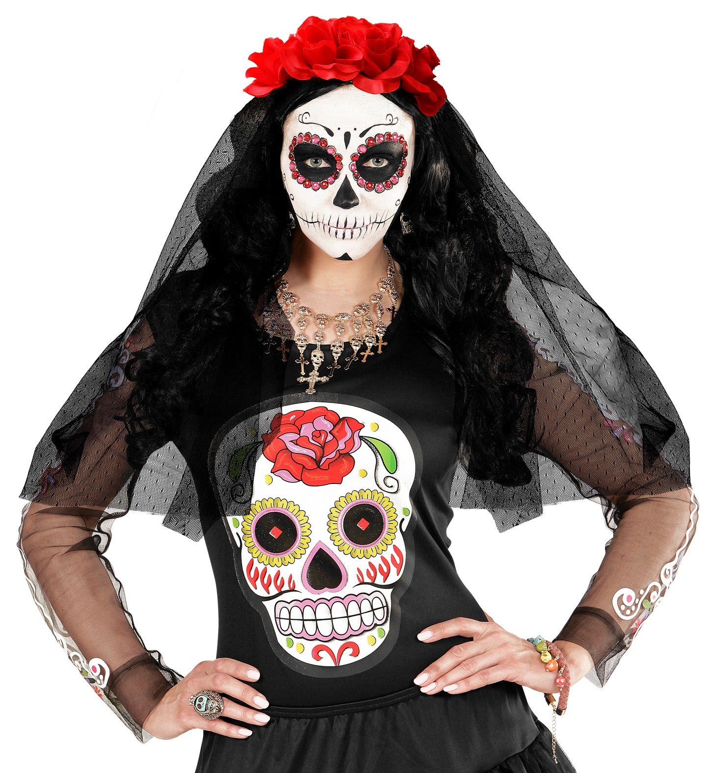 Tocado de Catrina con Rosas Rojas y Velo Negro