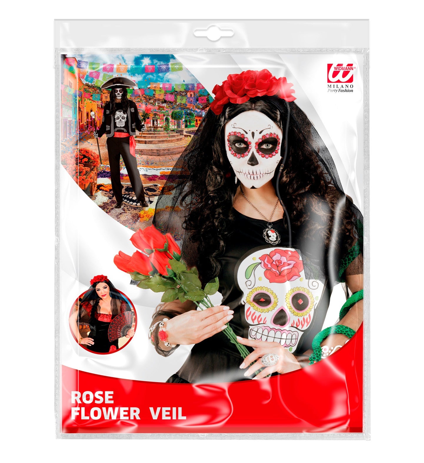 Tocado de Catrina con Rosas Rojas y Velo Negro