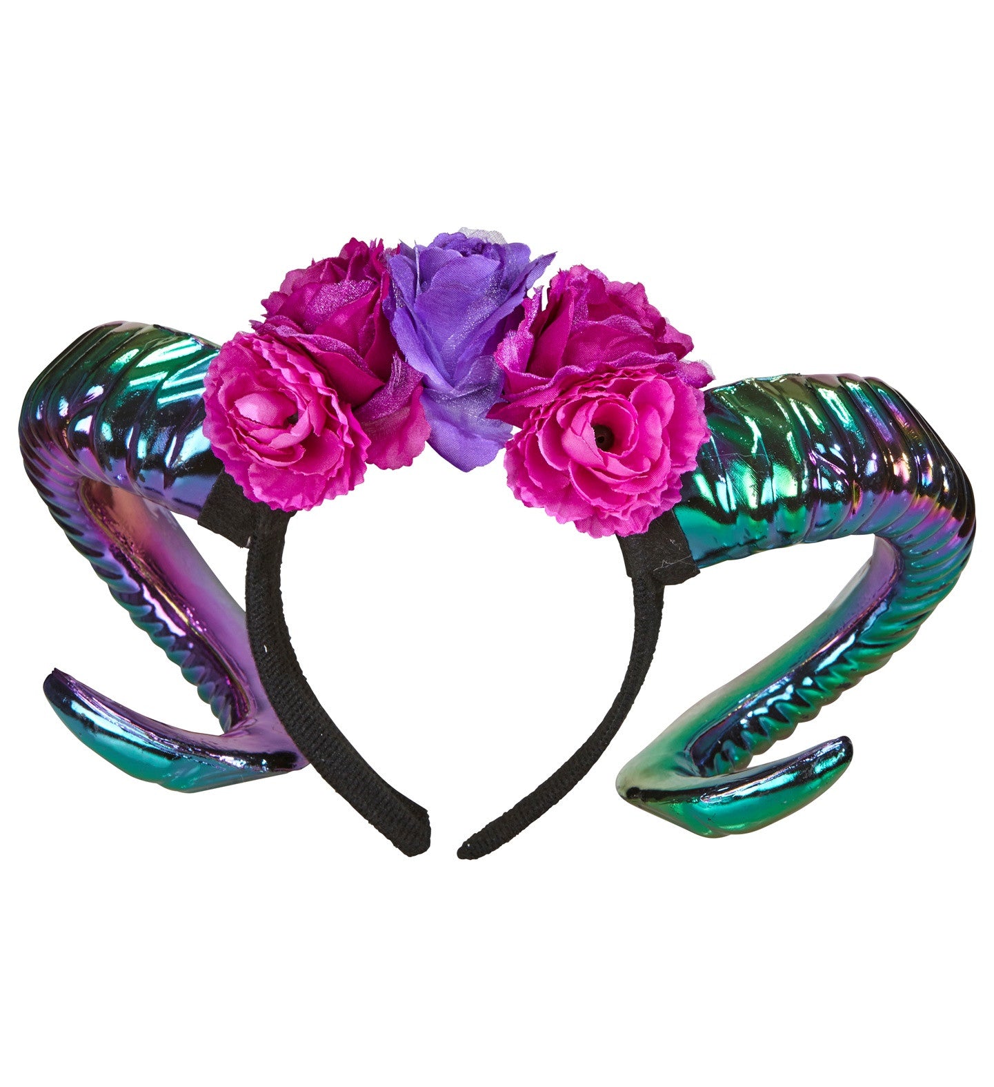 Diadema con Cuernos y Flores Rosas y Moradas