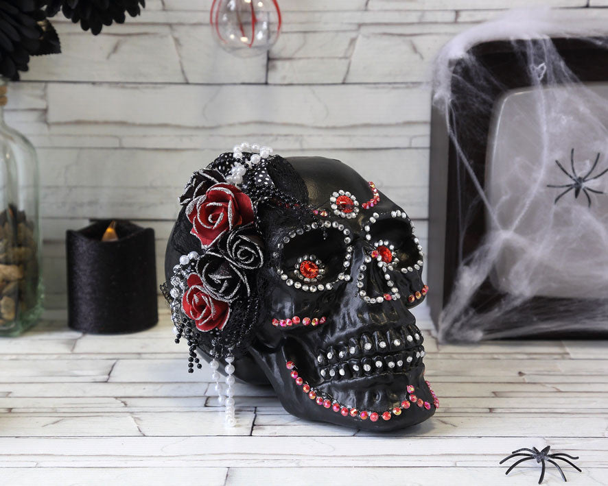 Calavera de Catrina Negra con Brillantes y Flores