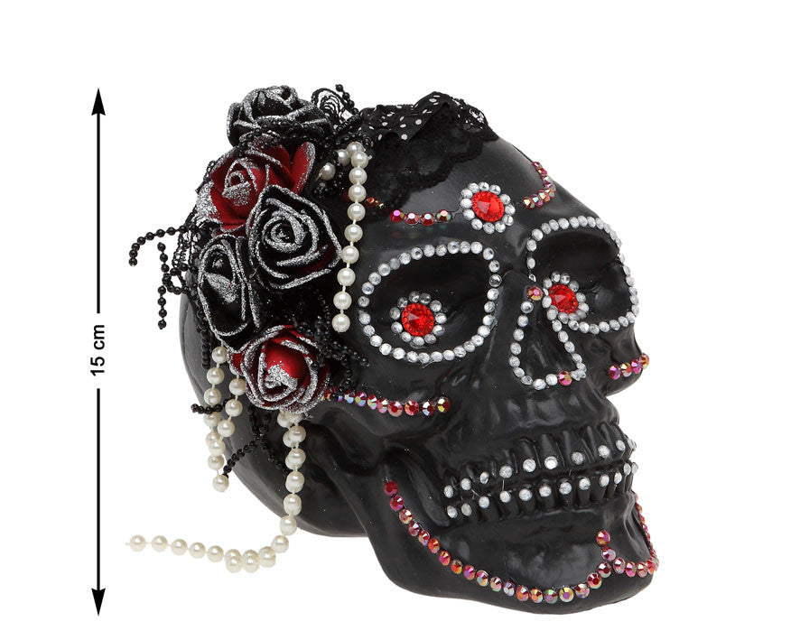 Calavera de Catrina Negra con Brillantes y Flores