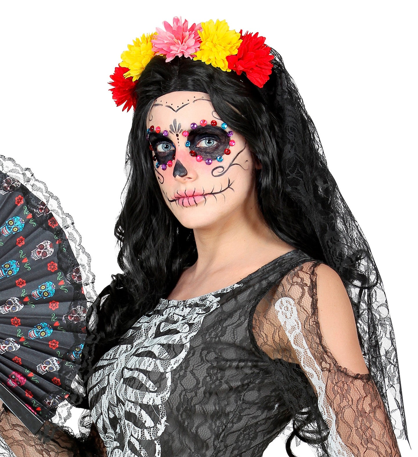 Diadema del Día de los Muertos con Velo de Encaje