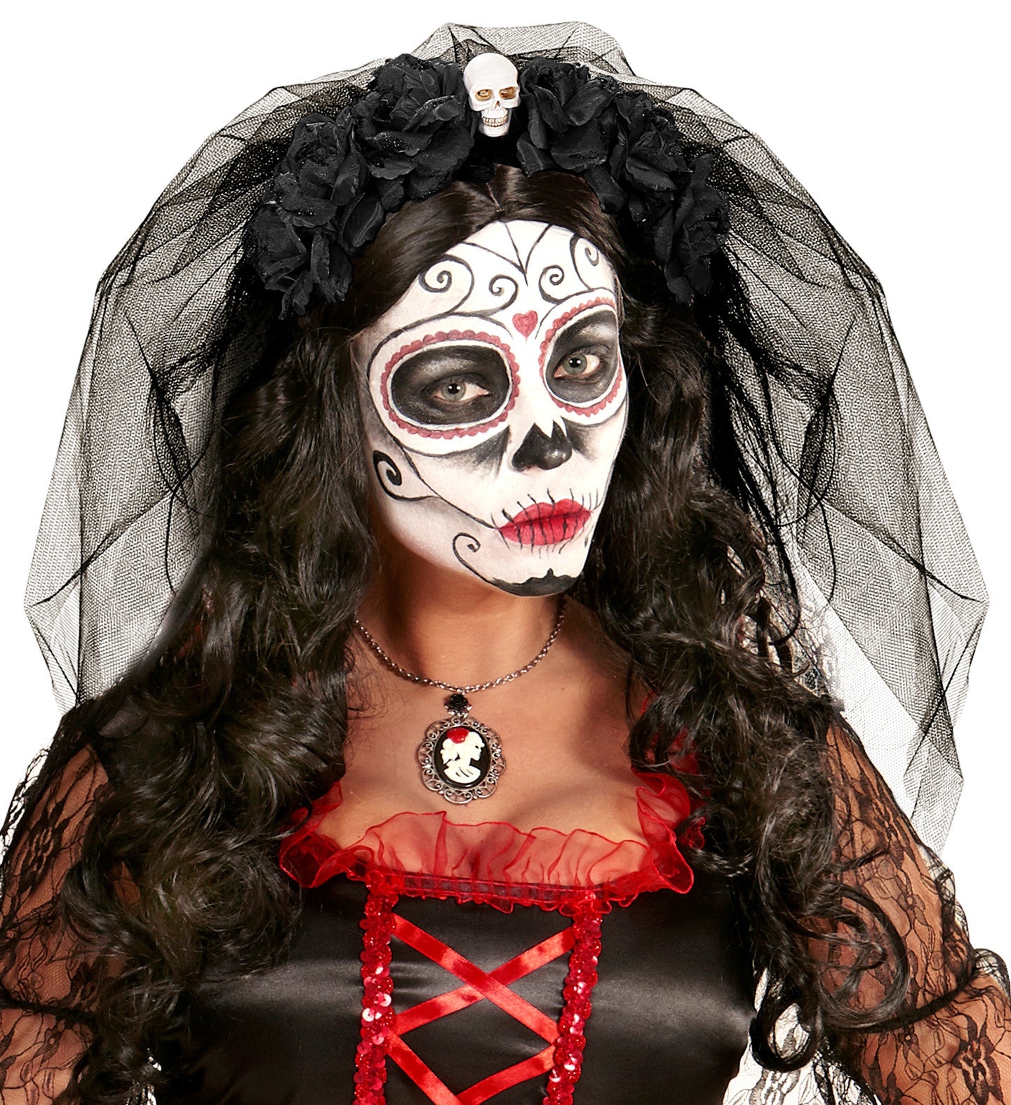 Diadema de Catrina con Calavera y Rosas Negras