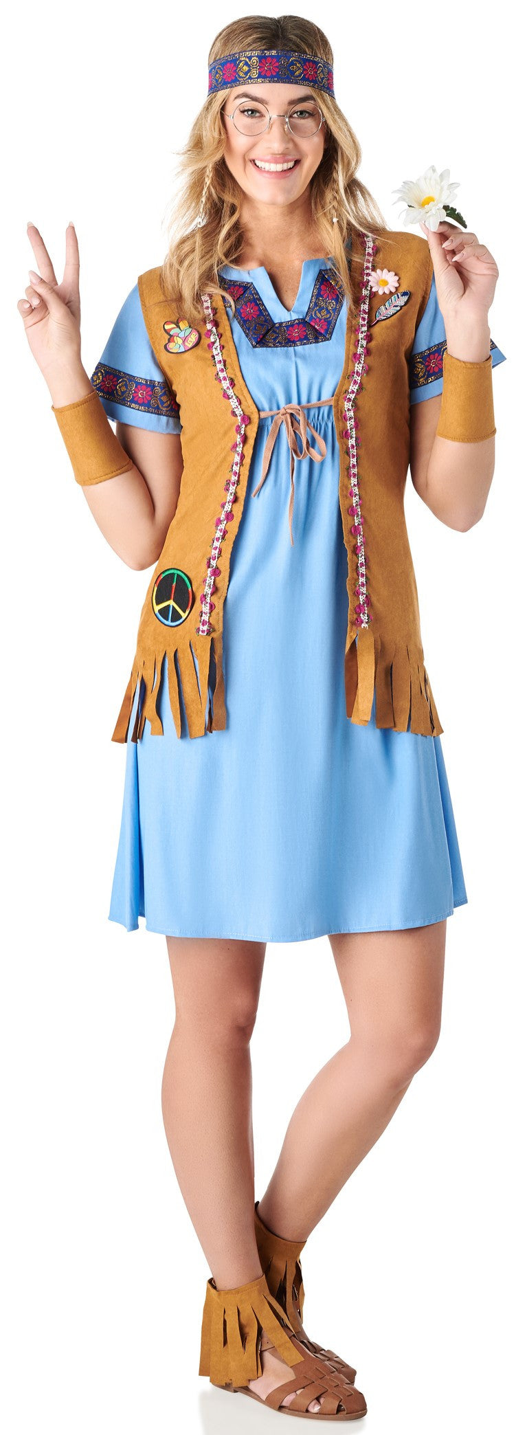 Disfraz de Hippie Azul con Chaleco para Mujer