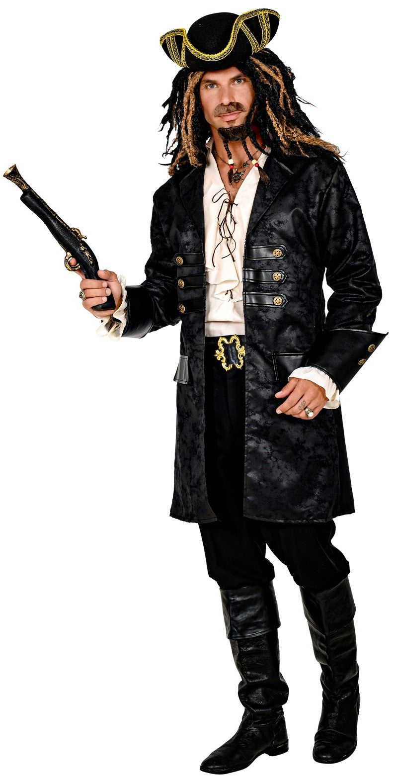 Chaqueta Steampunk o Pirata Larga Negra Efecto Cuero