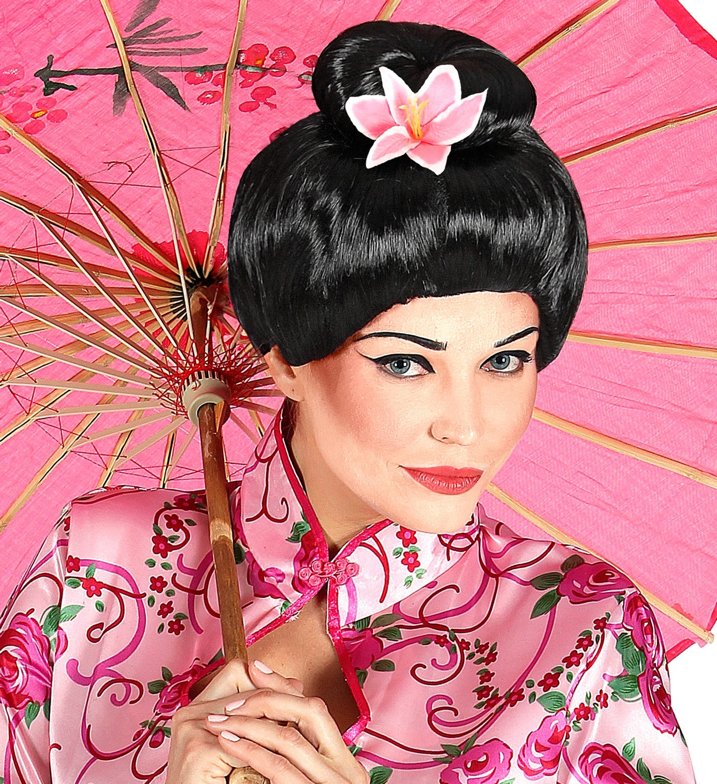 Peluca de Geisha Morena con Flor